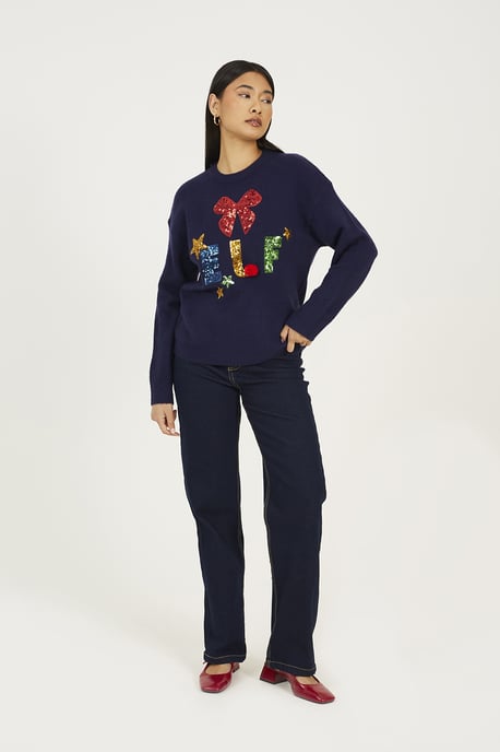 Navy Sequin Embellished Elf Christmas Jumper - Image 3