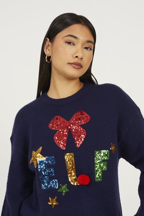 Navy Sequin Embellished Elf Christmas Jumper - Image 4