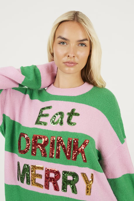 Green Sequin Slogan Christmas Jumper - Image 4