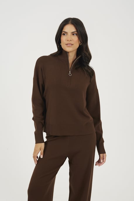 Chocolate Knitted Zip Neck Jumper And Trouser Set - Image 3
