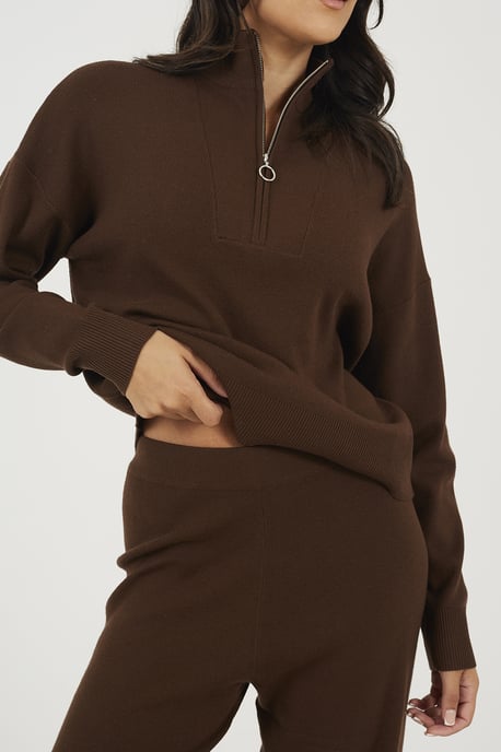 Chocolate Knitted Zip Neck Jumper And Trouser Set - Image 4