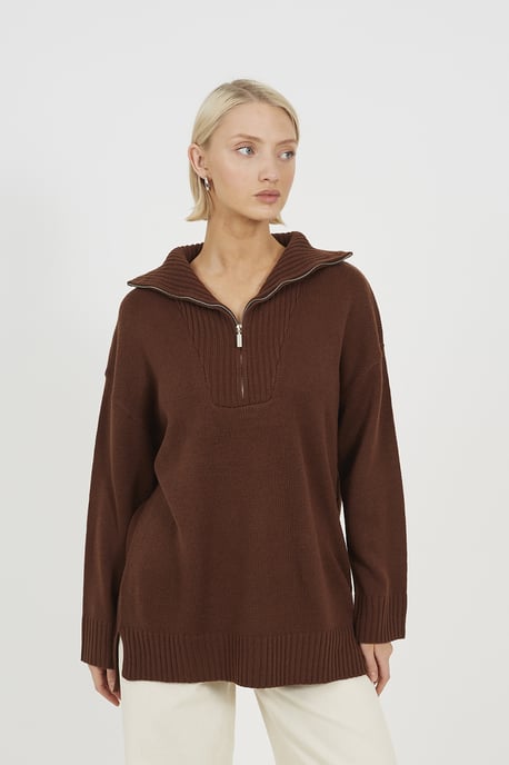 Chocolate Oversized 1/2 Zip Knitted Jumper - Image 1