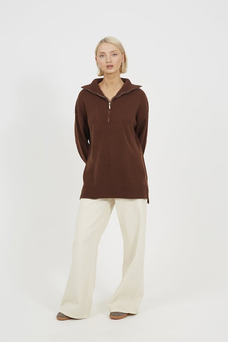 Chocolate Oversized 1/2 Zip Knitted Jumper - Image 3