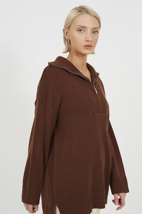 Chocolate Oversized 1/2 Zip Knitted Jumper - Image 4