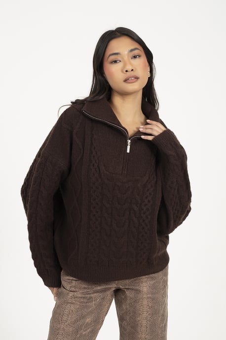Brown Quarter Zip Cable Knit Jumper - Image 1
