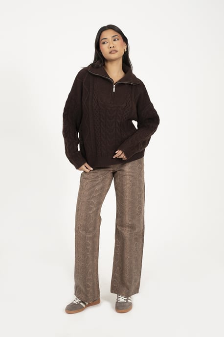 Brown Quarter Zip Cable Knit Jumper - Image 3