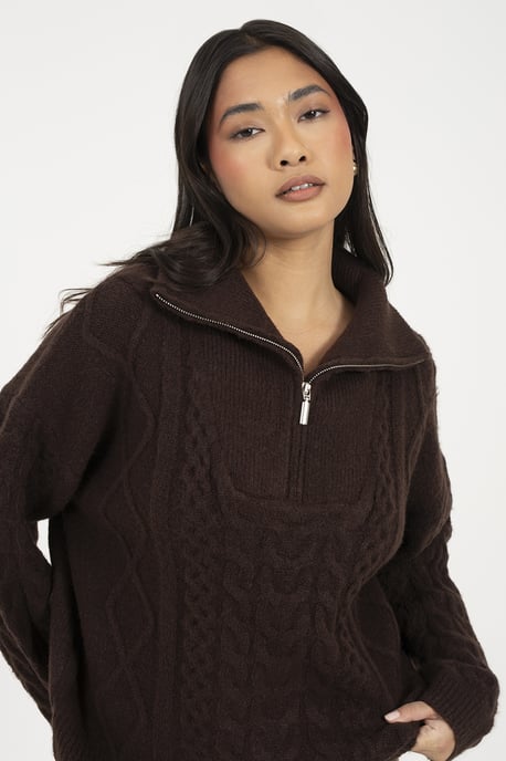 Brown Quarter Zip Cable Knit Jumper - Image 4