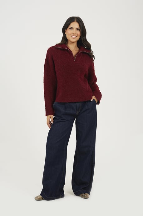 Wine Boucle Yarn Jumper With Zip Neck - Image 3
