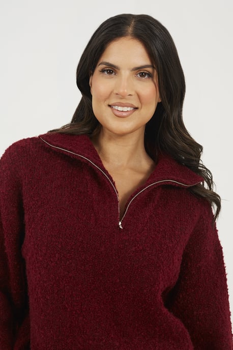 Wine Boucle Yarn Jumper With Zip Neck - Image 4
