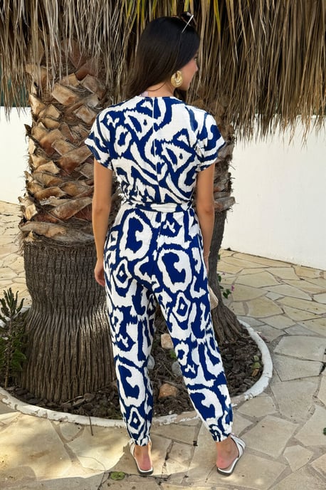 Navy And Cream Abstract Print V-Neck Short Sleeve Belted Elasticated Cuff Jumpsuit - Image 4