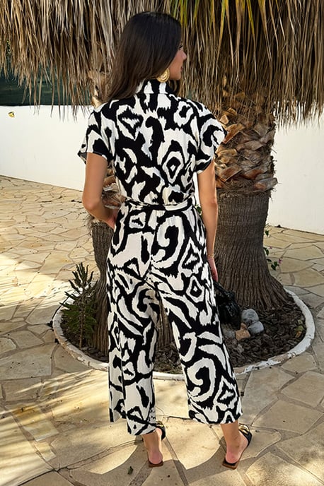 Black And Cream Abstract Print Button Front Collared Tie Waist Jumpsuit - Image 4