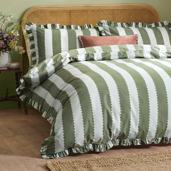 Wylder Birdie Stripe Ruffle Duvet Set, Bay Green/Mist, King - Image 2