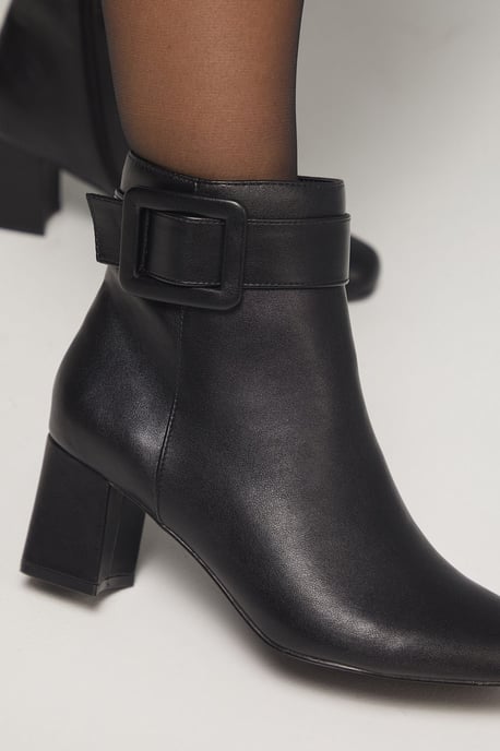 Athena Faux Leather Covered Buckle Square toe Medium Block Heel Ankle Boots - Image 3