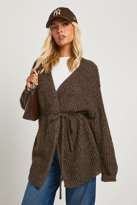 Soft Knit Tie Waist Oversized Boyfriend Cardigan - Image 1