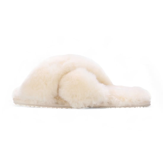 Damtofflor med fårskinn, beige, varma vinterpäls, korsad - Snowbelle - Image 4