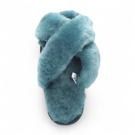 Women's Sheepskin Slippers Teal Warm Winter Fur Crossover - Snowbelle - Image 6