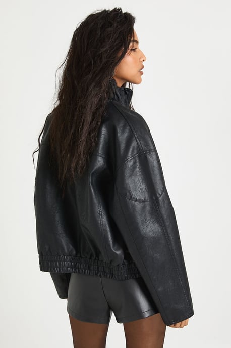 Funnel Neck Faux Leather Bomber Jacket - Image 2