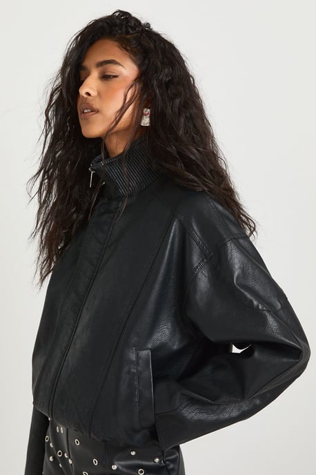Funnel Neck Faux Leather Bomber Jacket - Image 3