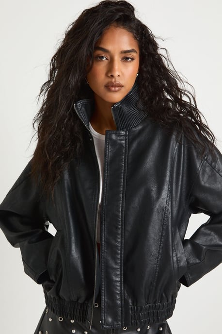 Funnel Neck Faux Leather Bomber Jacket - Image 4