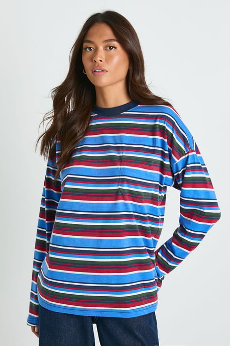 Striped Cotton Long Sleeve Pocket Detail Top - Image 4