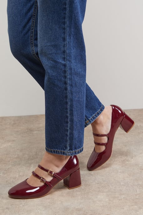 Visha Faux Patent Leather Double Mary Jane High Block Heel Court Shoes - Image 1