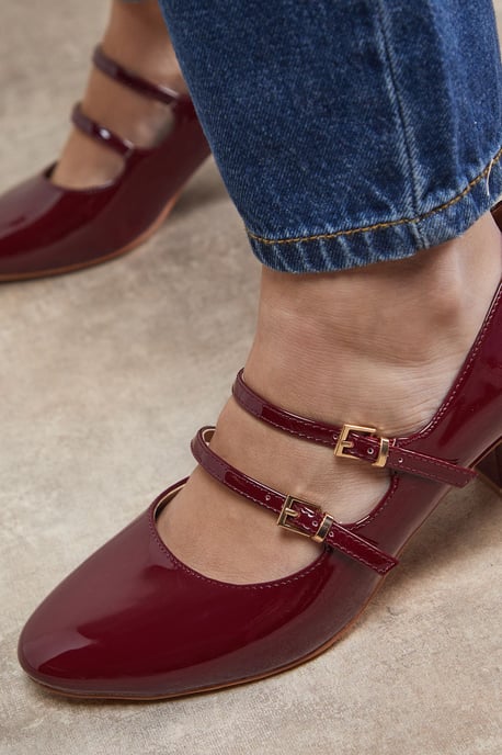 Visha Faux Patent Leather Double Mary Jane High Block Heel Court Shoes - Image 4