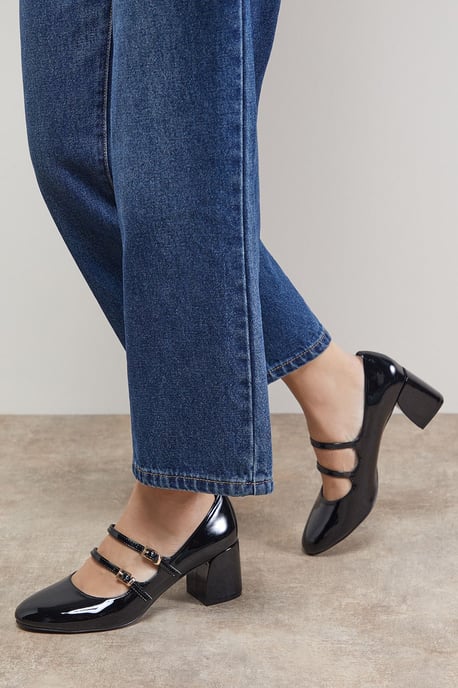 Visha Faux Patent Leather Double Mary Jane High Block Heel Court Shoes - Image 2
