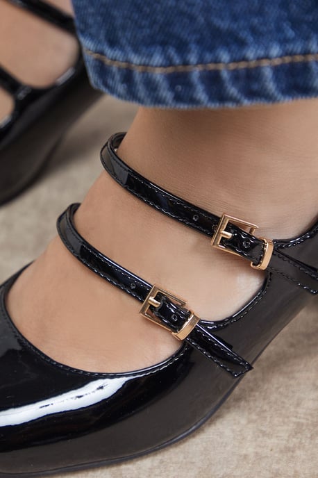 Visha Faux Patent Leather Double Mary Jane High Block Heel Court Shoes - Image 4