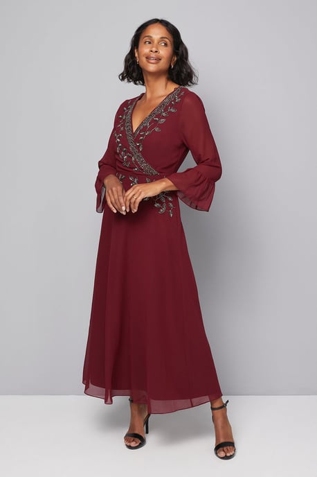 Embellished Wrap Flute Sleeve Midi Dress - Image 1