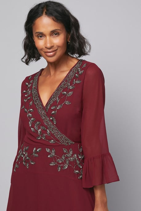 Embellished Wrap Flute Sleeve Midi Dress - Image 3