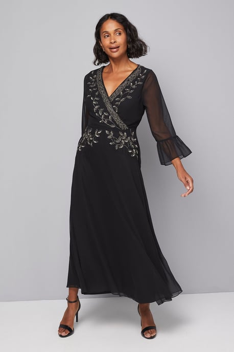 Embellished Wrap Flute Sleeve Midi Dress - Image 1