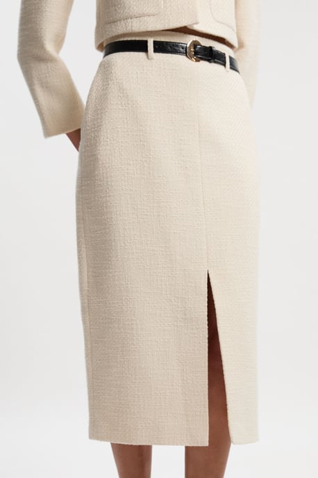 Textured Tweed Belted Tailored Pencil Skirt - Image 2