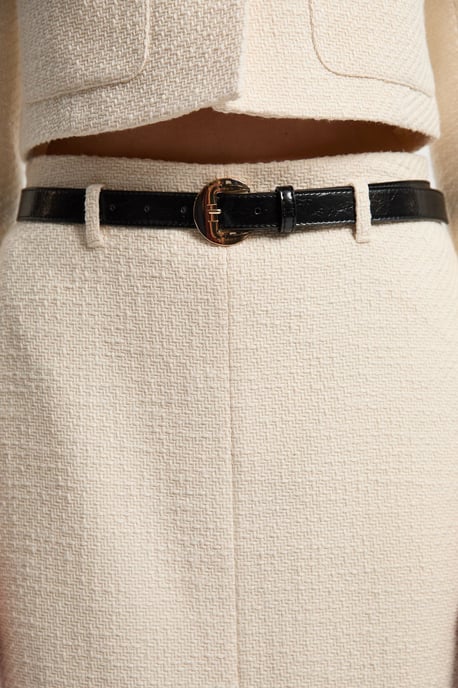 Textured Tweed Belted Tailored Pencil Skirt - Image 3