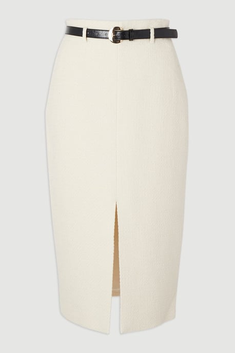 Textured Tweed Belted Tailored Pencil Skirt - Image 4