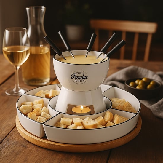 Casa di Elturo Fondue set voor 4 personen bamboe en porselein inclusief schalen en vorkjes - Image 2