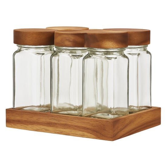 Casa di Elturo Set van 6 glazen kruidenpotjes – acaciahouten deksels & plateau – inclusief - Image 1