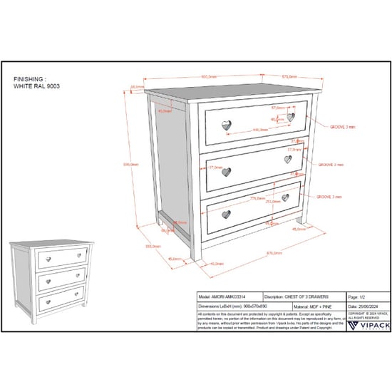 Lucevi amori commode 3 laden - 90x57 cm - Image 2