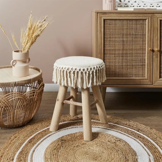 WDMT Handgemaakte houten kruk bohemian stijl met macramé zitting Ø 28 x 40 cm - Image 2