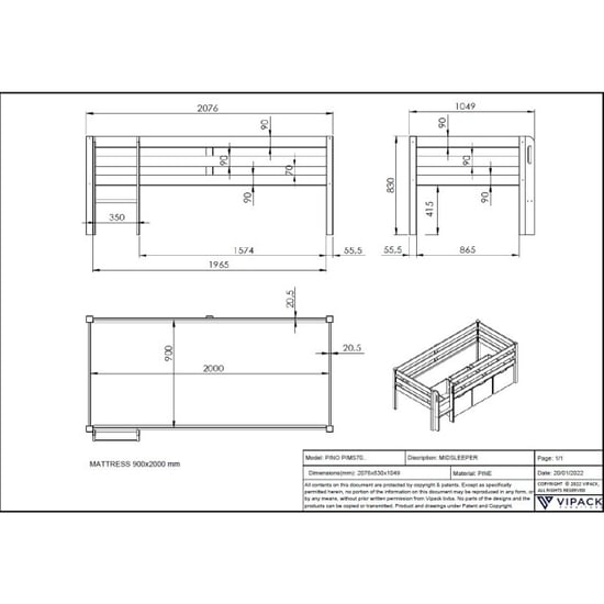 Lucevi pino halfhoogslaper h85cm met ladder 90 x 200 cm pino set van 3 - Image 2
