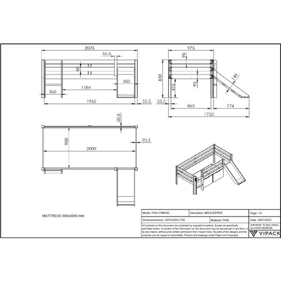 Lucevi pino halfhoogslaper h85cm met glijbaan 90 x 200 cm pino set van 2 - Image 2