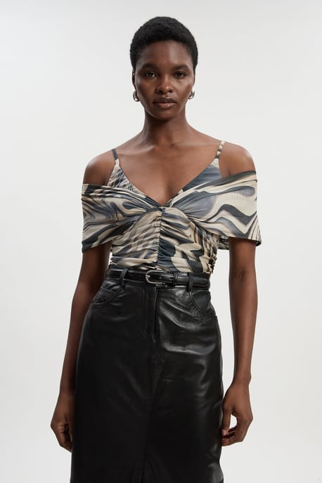 Marble Print Mesh Plunge Strappy Detail Bodysuit - Image 2
