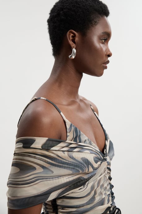 Marble Print Mesh Plunge Strappy Detail Bodysuit - Image 3