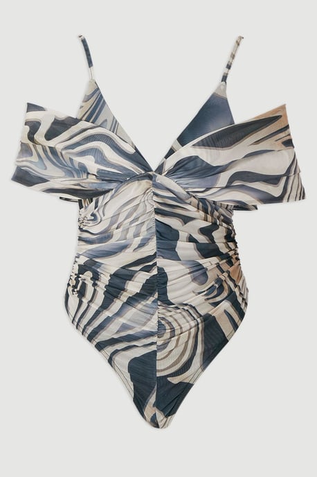 Marble Print Mesh Plunge Strappy Detail Bodysuit - Image 4