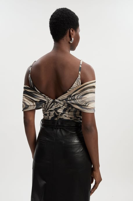 Marble Print Mesh Plunge Strappy Detail Bodysuit - Image 5