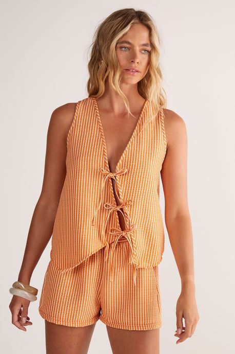 Textured Stripe Asymmetric Tie Front Vest - Image 1