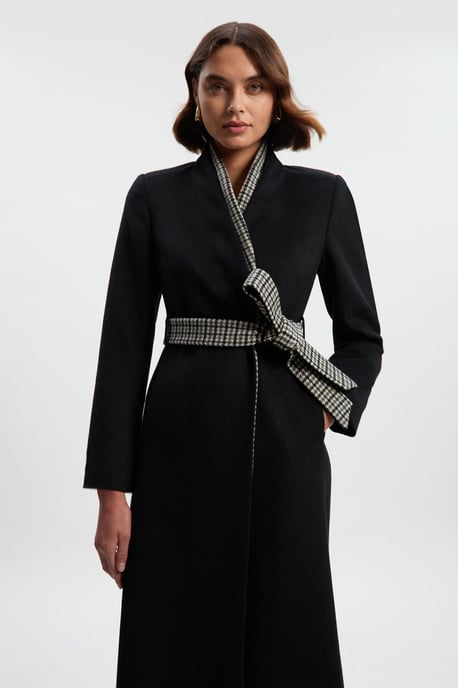 Brushed Wool Houndstooth Mix Belted Wrap Neck Tailored Midi Coat - Image 1