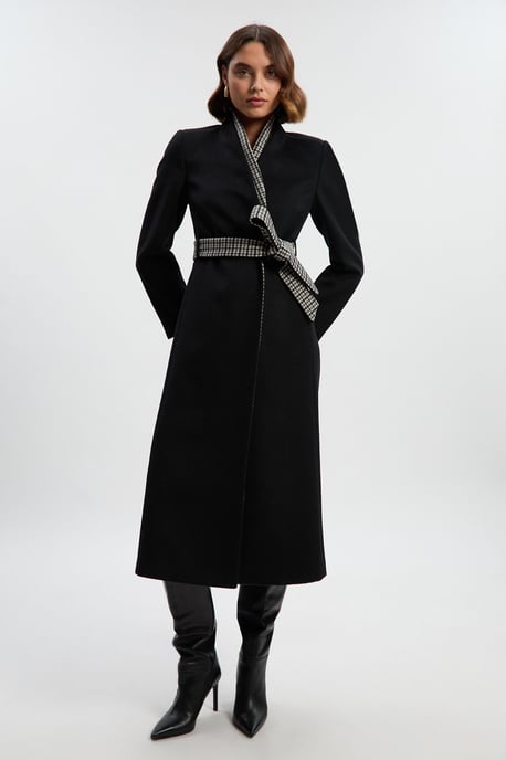 Brushed Wool Houndstooth Mix Belted Wrap Neck Tailored Midi Coat - Image 2