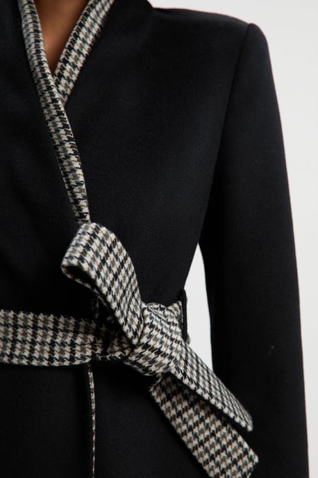 Brushed Wool Houndstooth Mix Belted Wrap Neck Tailored Midi Coat - Image 3