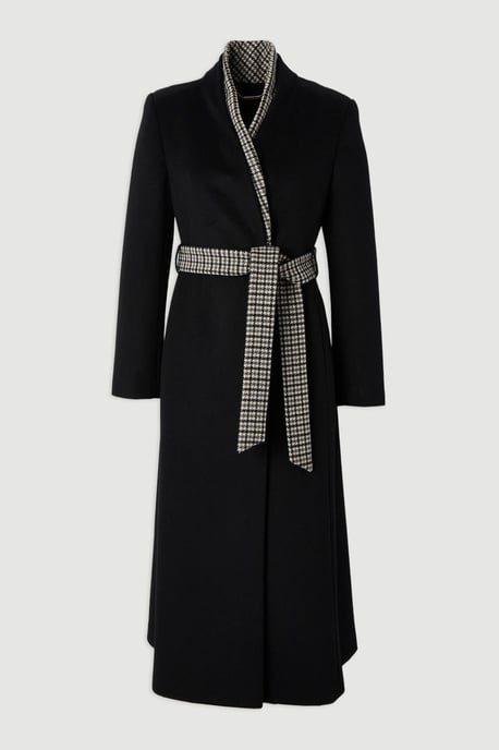 Brushed Wool Houndstooth Mix Belted Wrap Neck Tailored Midi Coat - Image 4