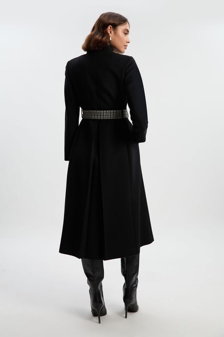 Brushed Wool Houndstooth Mix Belted Wrap Neck Tailored Midi Coat - Image 5